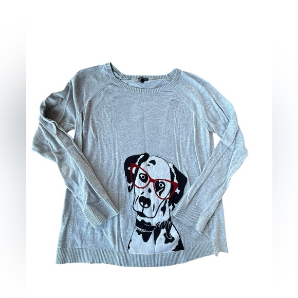 Talbots Sweaters - Talbots Light Gray Dog Graphic Crewneck Sweater with Red Glasses